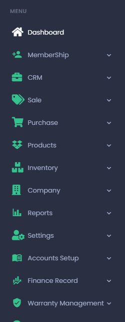 AgainPOS sidebar showing full module menu